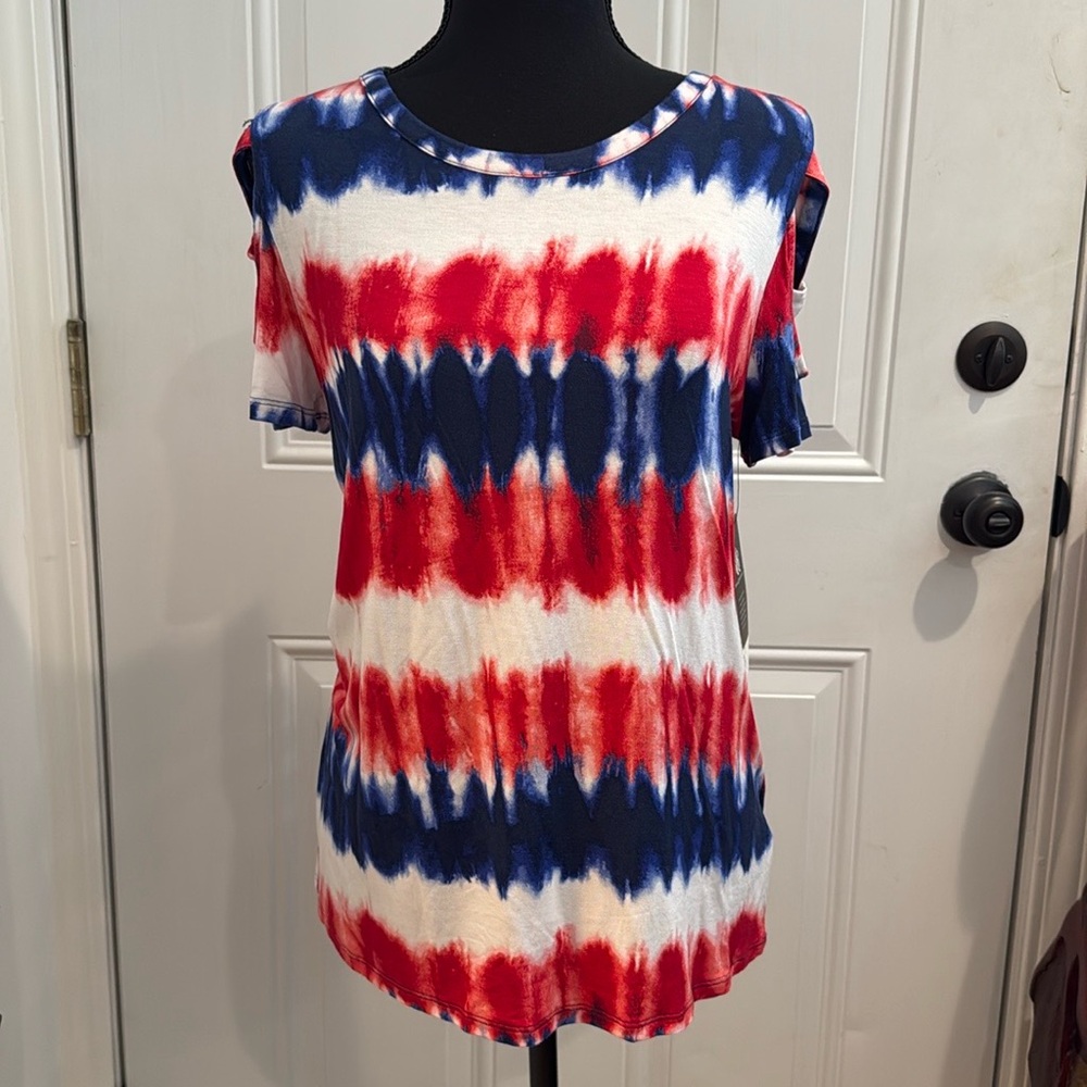 Rock & Republic Patriotic Red White Blue NWT Strappy Cold Shoulder Tee Med M